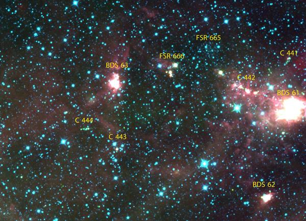 A group of closely associated star clusters in the Perseus Spiral Arm